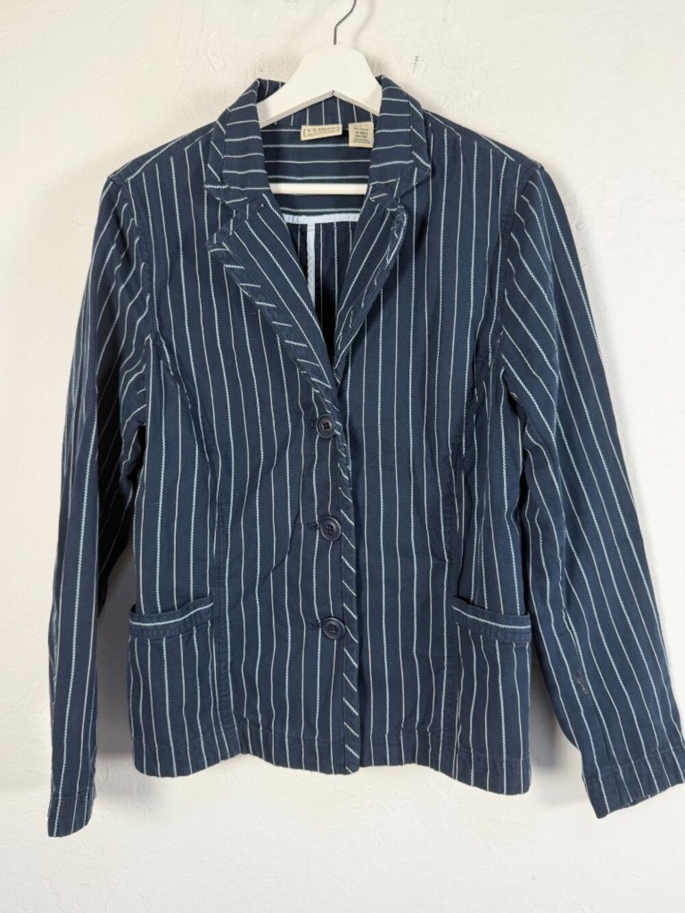 L.L. Bean Womens Size 12 Reg Navy Striped Cotton Blazer Jacket Button-Front
